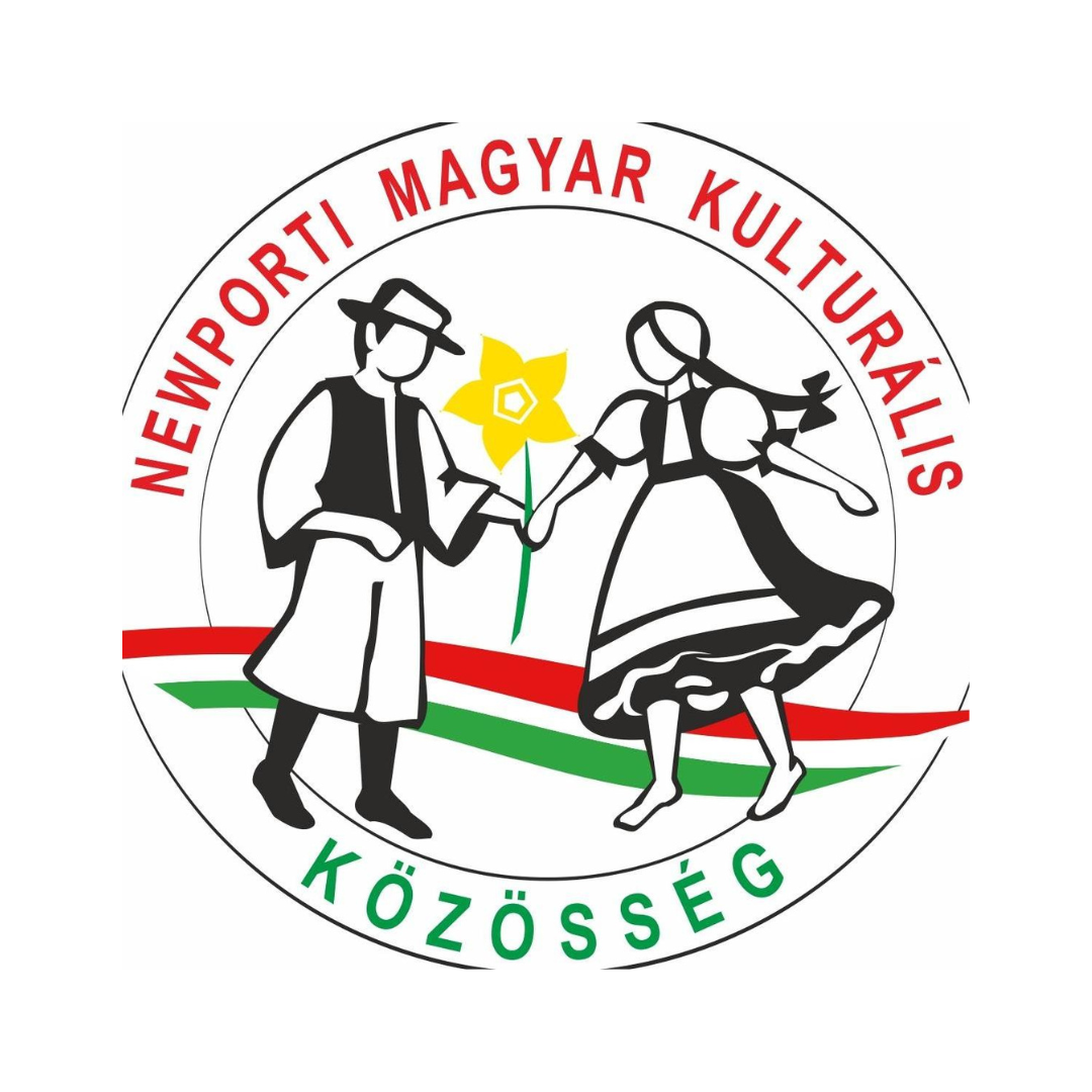 Logo of the Hungarian Cultural Community of Newport, featuring a man and woman in traditional Hungarian dress holding a Welsh daffodil with red, white, and green stripe accents.