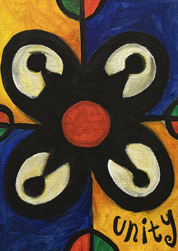 A colorful abstract painting featuring a central flower with a red center, black petals with white accents, set against a vibrant background divided into blue, yellow, green, and orange sections, with the word 'unity' written in black at the bottom right.