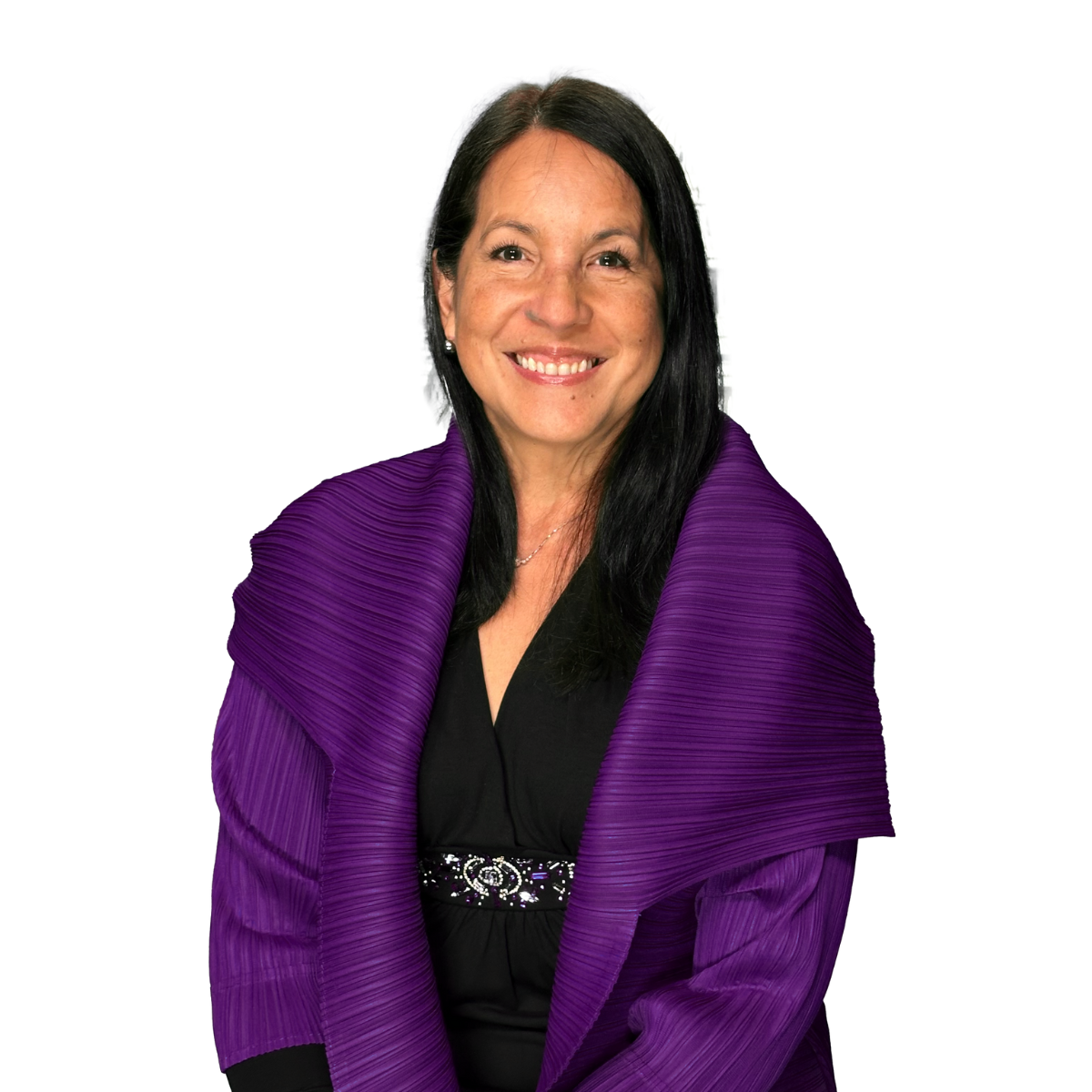 A woman with long black hair smiling, wearing a black outfit with a purple pleated scarf or shawl.