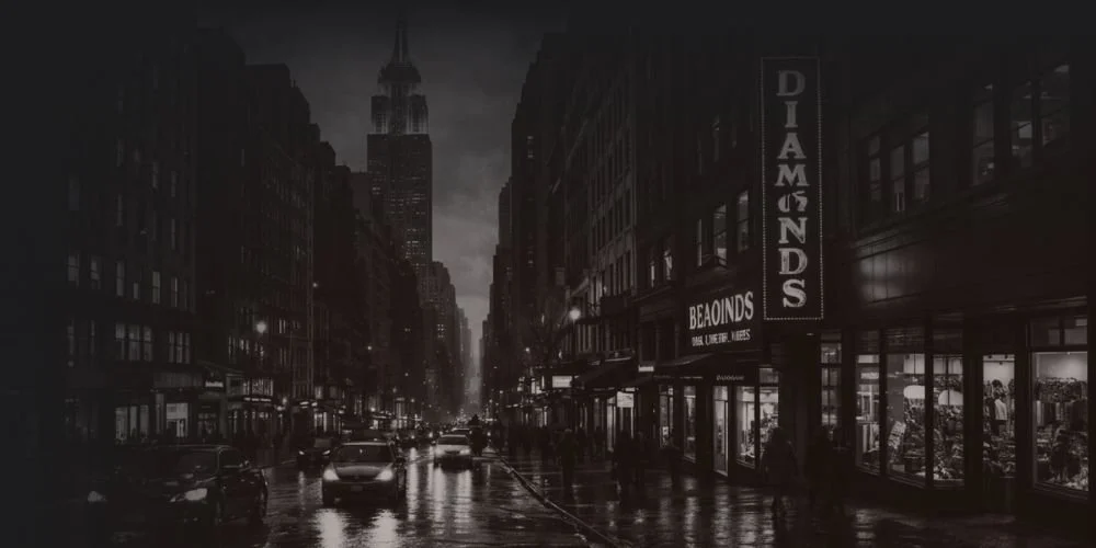 A black and white photo of a city street at night with tall buildings, cars on the wet road, and illuminated signs, including one for diamonds and another for a jewelry store named Beaudis.