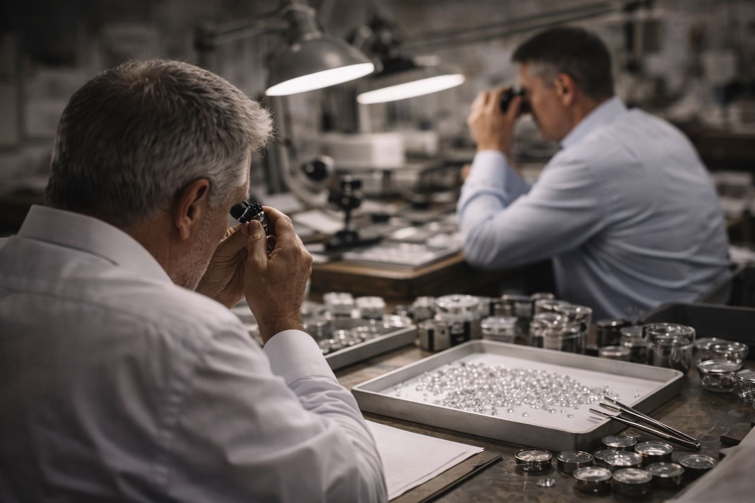 Two men in white shirts working at a jewelry workshop, examining small gemstones and diamonds. The workspace is lit by overhead lamps, with tools and trays of gemstones on the tables.