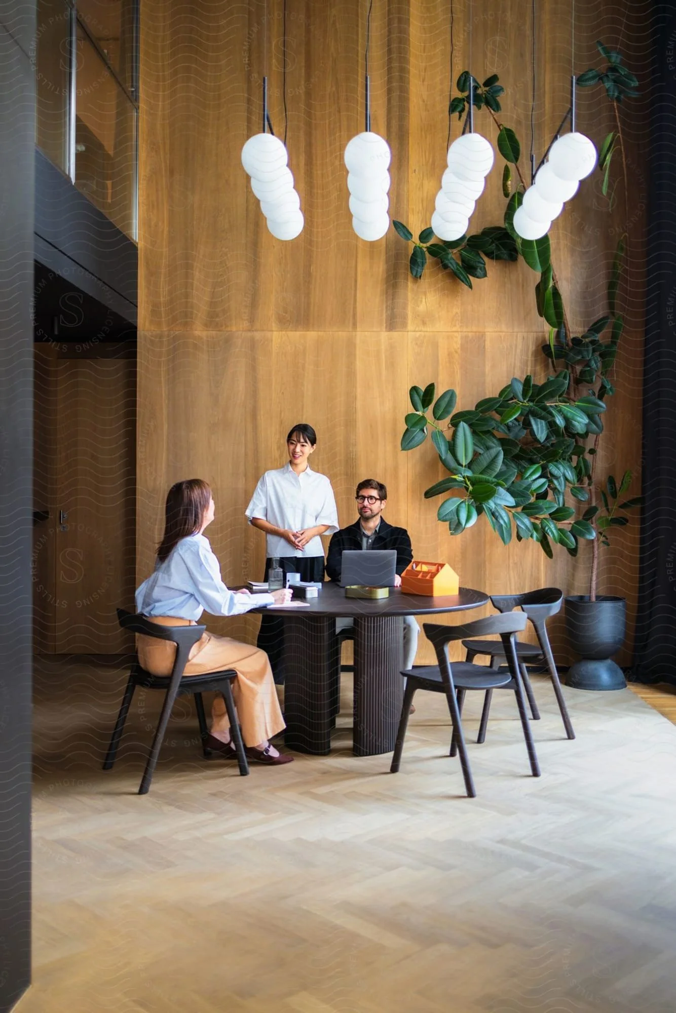 Three people sitting and standing around a black round table in a modern office or meeting room with wooden walls, large leafy plants, and hanging white paper lantern lights.