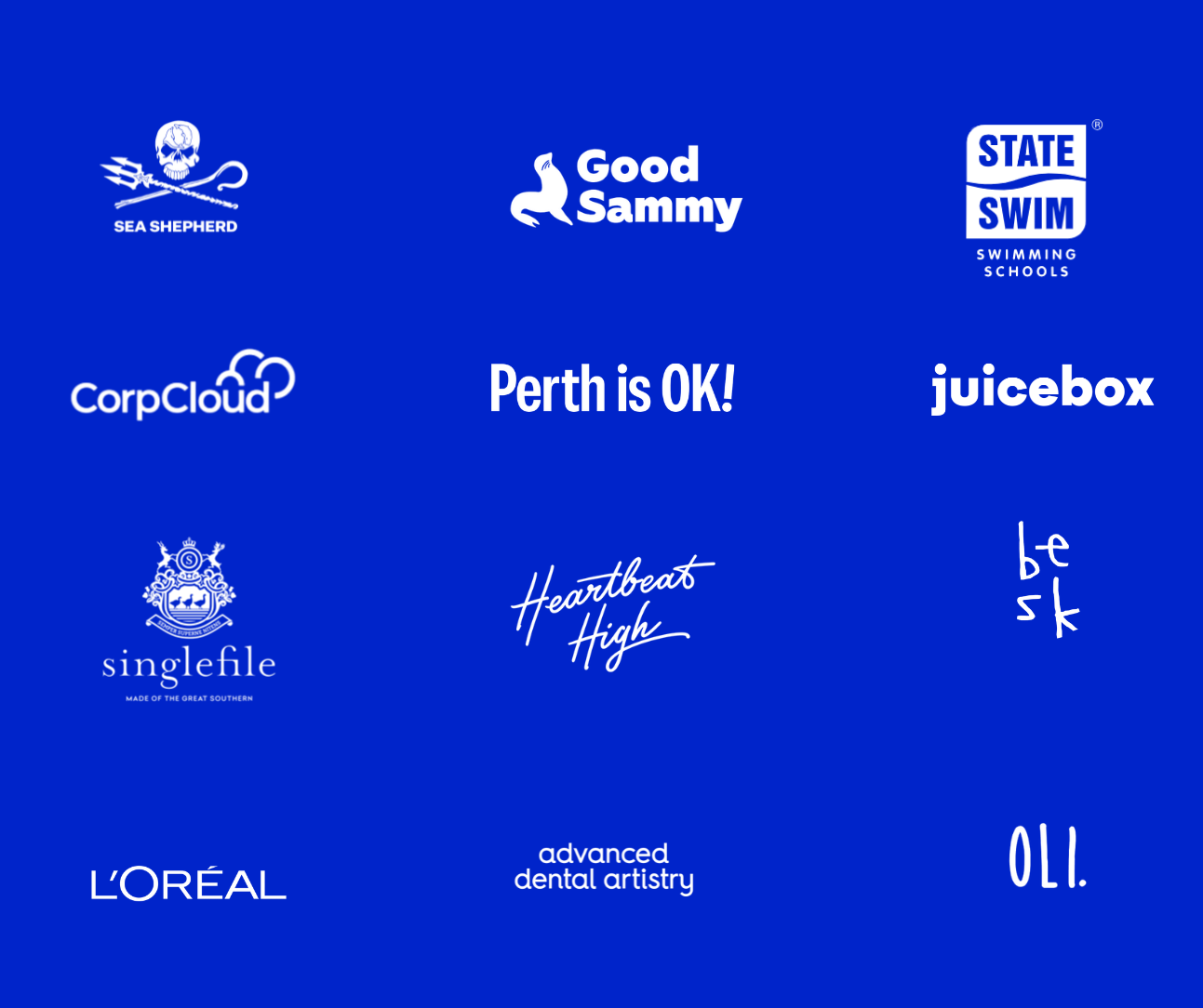 Collection of various company and brand logos on a blue background, including Sea Shepherd, Good Sammy, State Swim, CorpCloud, Perth is OK!, Juicebox, Singlefile, Heartbeat High, be sk, L'Oréal, advanced dental artistry, and OLI.