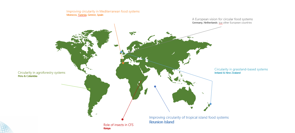 Map illustrating circular food systems projects in different countries, including Morocco, Tunisia, Greece, Spain, Germany, the Netherlands, Kenya, Peru, Colombia, Ireland, New Zealand, Reunion Island, and locations in Australia.