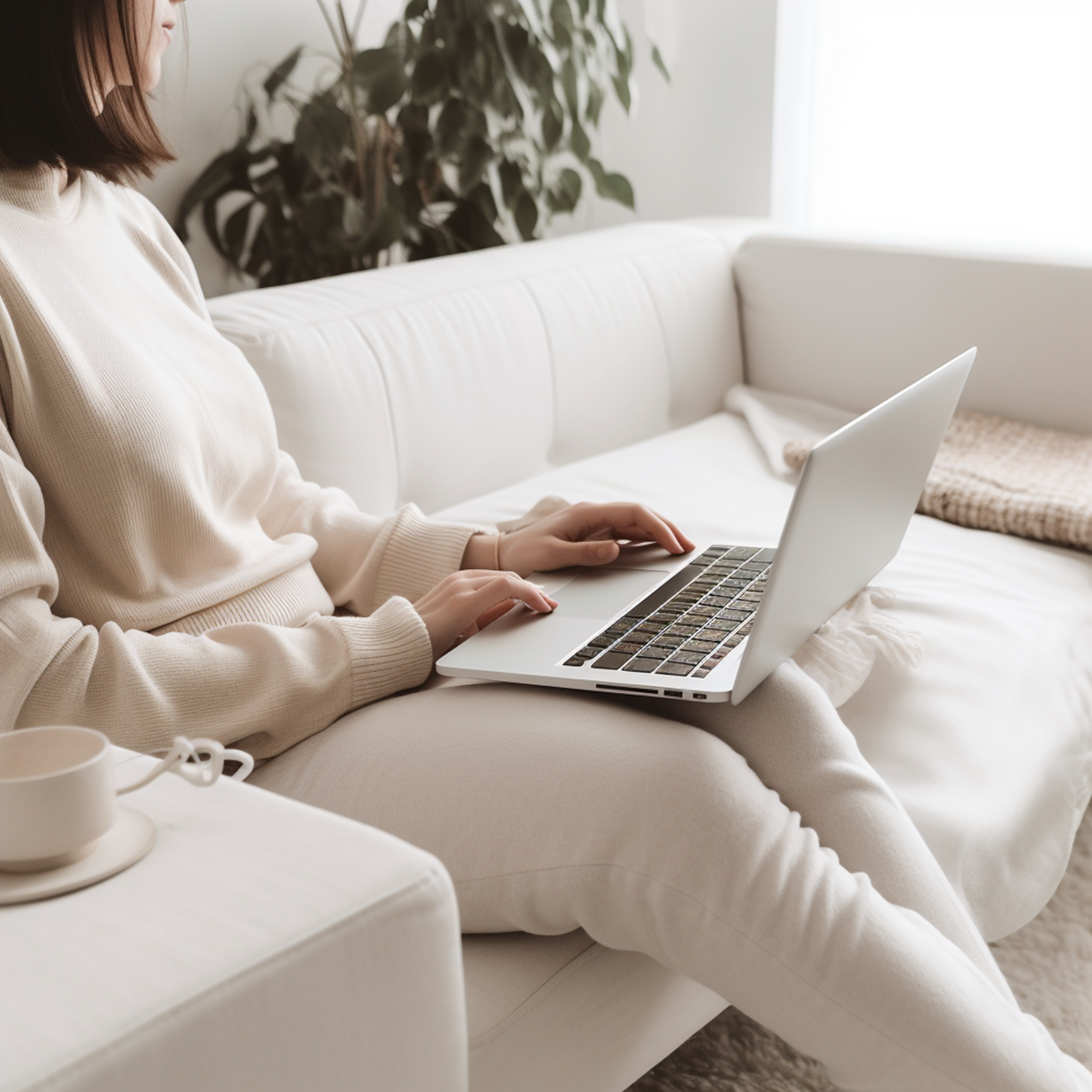 Woman sitting on a white couch using a laptop with a cup of coffee or tea nearby.