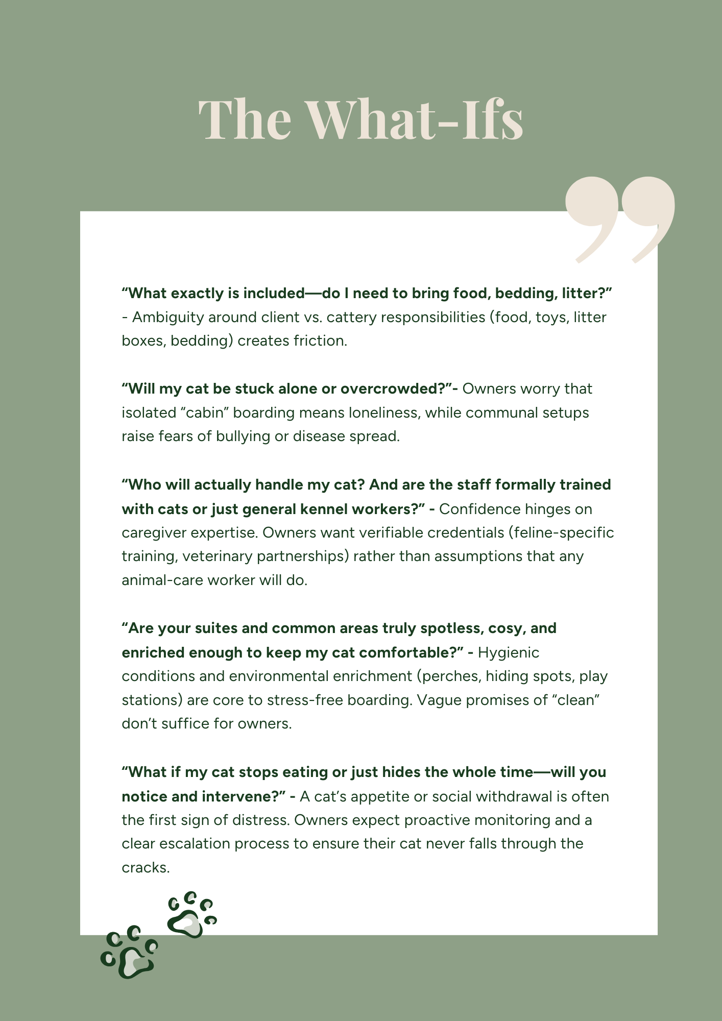 A digital poster titled 'The What-Ifs' with questions and answers about cat care. It features green background, white text box, and paw print graphics.