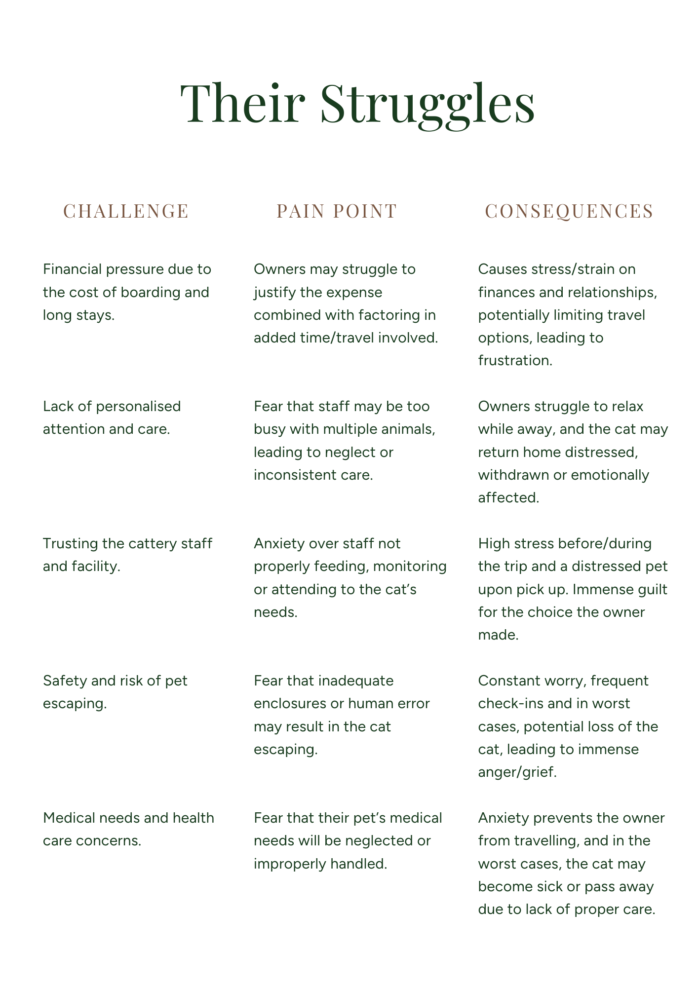 A table titled 'Their Struggles' listing five challenges faced by pet owners, with their pain points and consequences: 1. Financial pressure due to boarding costs, causing stress and limited travel options. 2. Lack of personalized attention leading to neglect or inconsistent care. 3. Trust issues with staff causing anxiety and emotional distress for pets. 4. Pet safety and escape risks causing constant worry and potential loss. 5. Medical and health care concerns leading to anxiety and potential neglect.