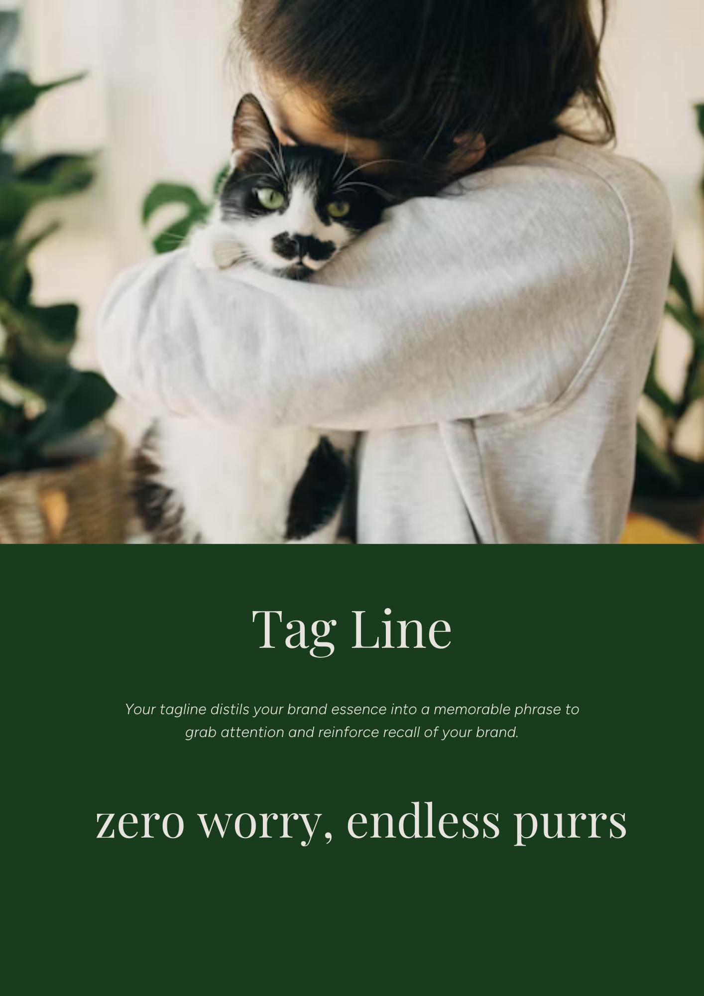 A person hugging a black and white cat indoors, with green plants in the background.