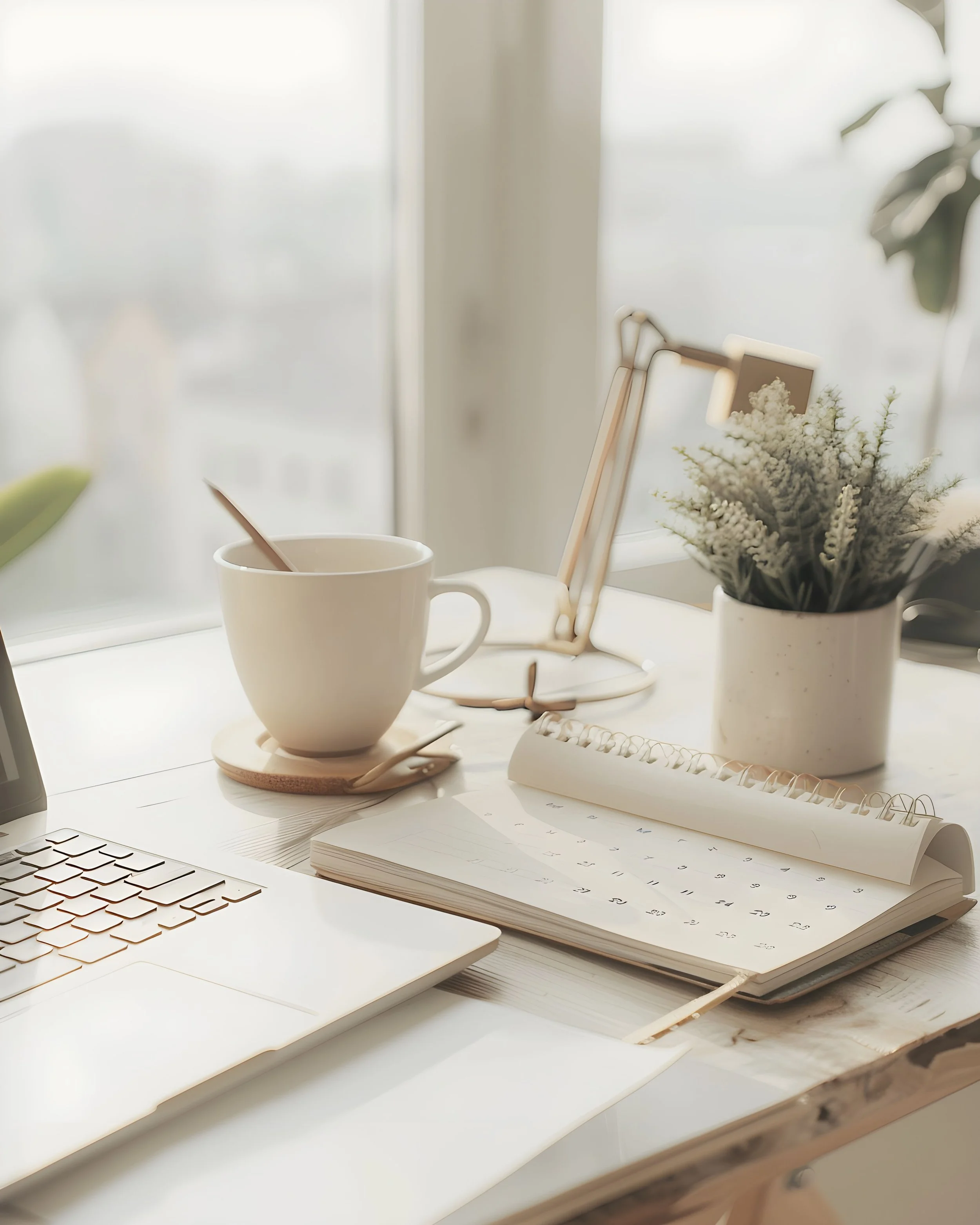 A cozy workspace with a laptop, open planner, white mug with a spoon, a small plant in a white pot, and a phone stand near a window with blinds.