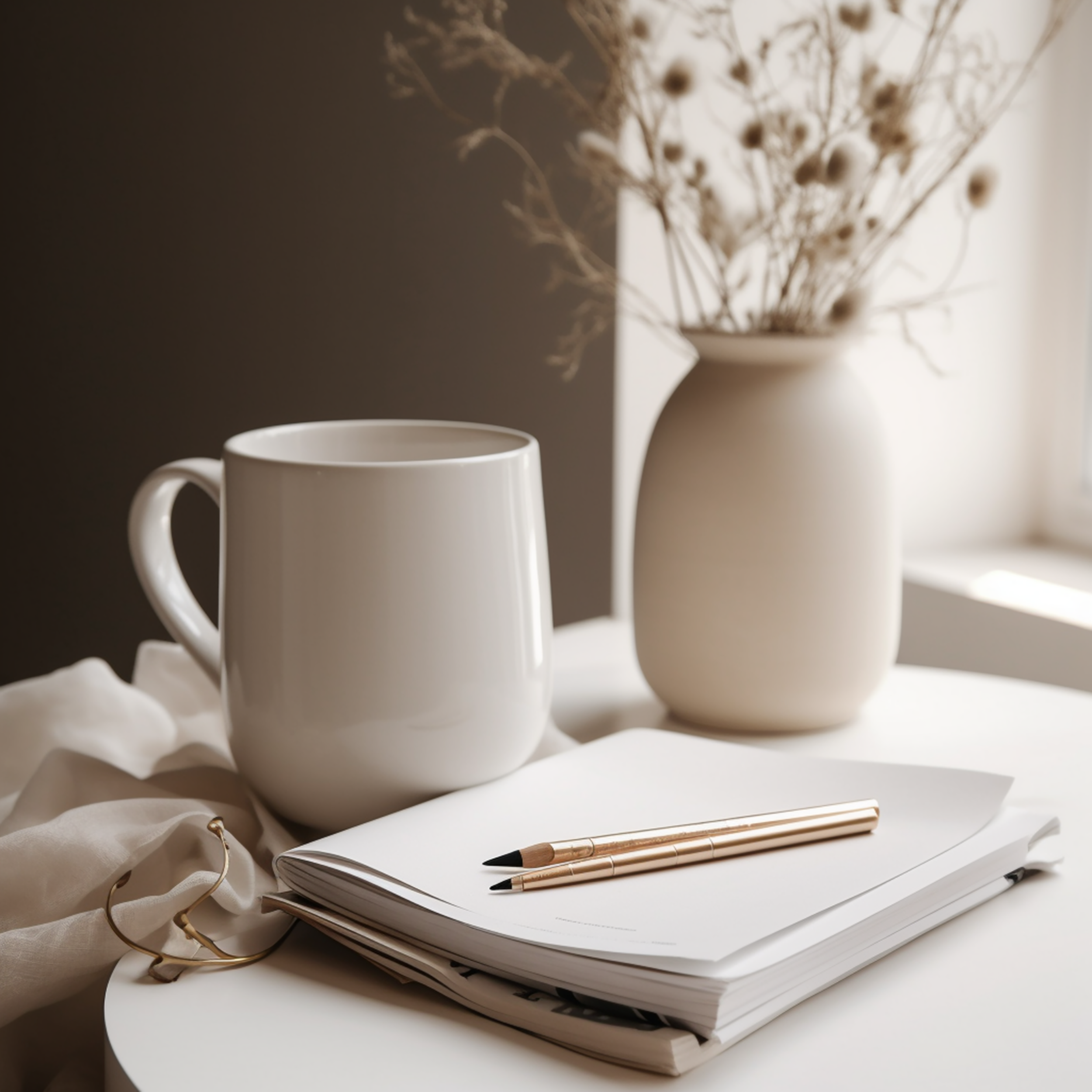 A white coffee mug and a white vase with dried flowers on a white table, with a notebook and pens in the foreground, in natural light.