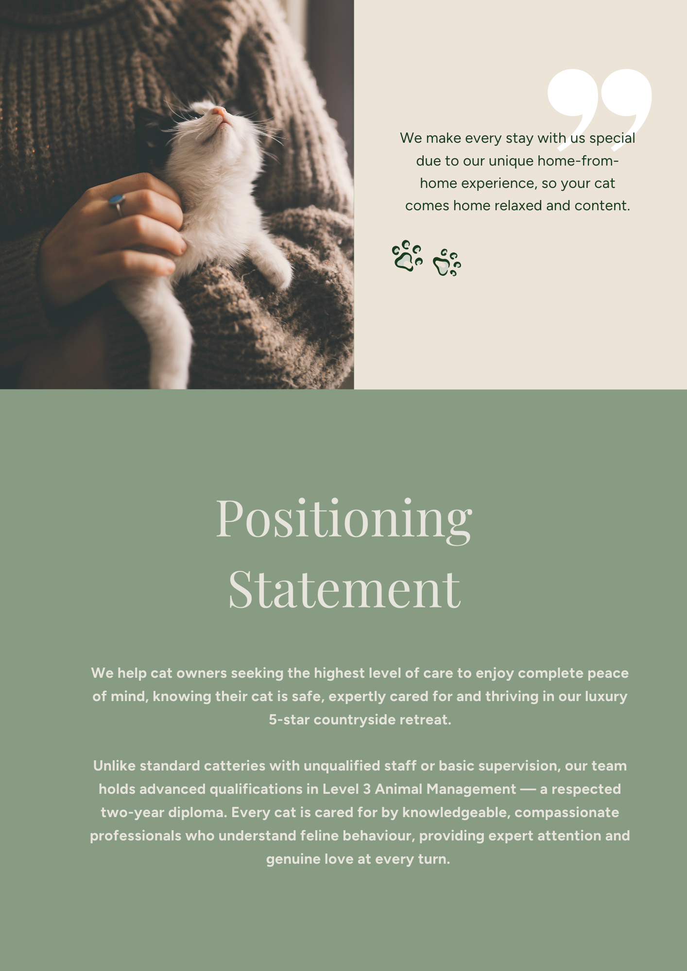 A person holding a black and white kitten on a cozy brown sweater, with a beige background and green text. The text mentions making stays special for cats and emphasizes high-quality care at a luxury retreat.