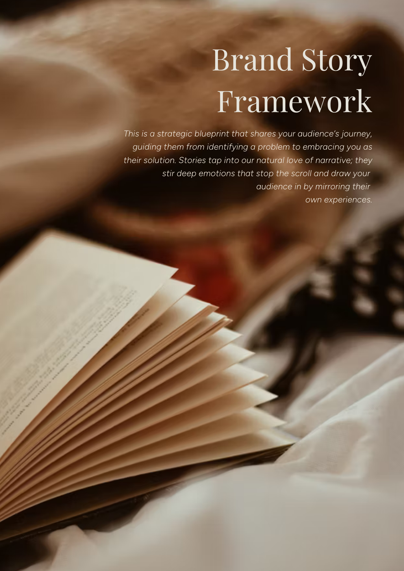 Open book with cream-colored pages on a soft surface, with a person reading in the background. Overlaid text describes a brand story framework.