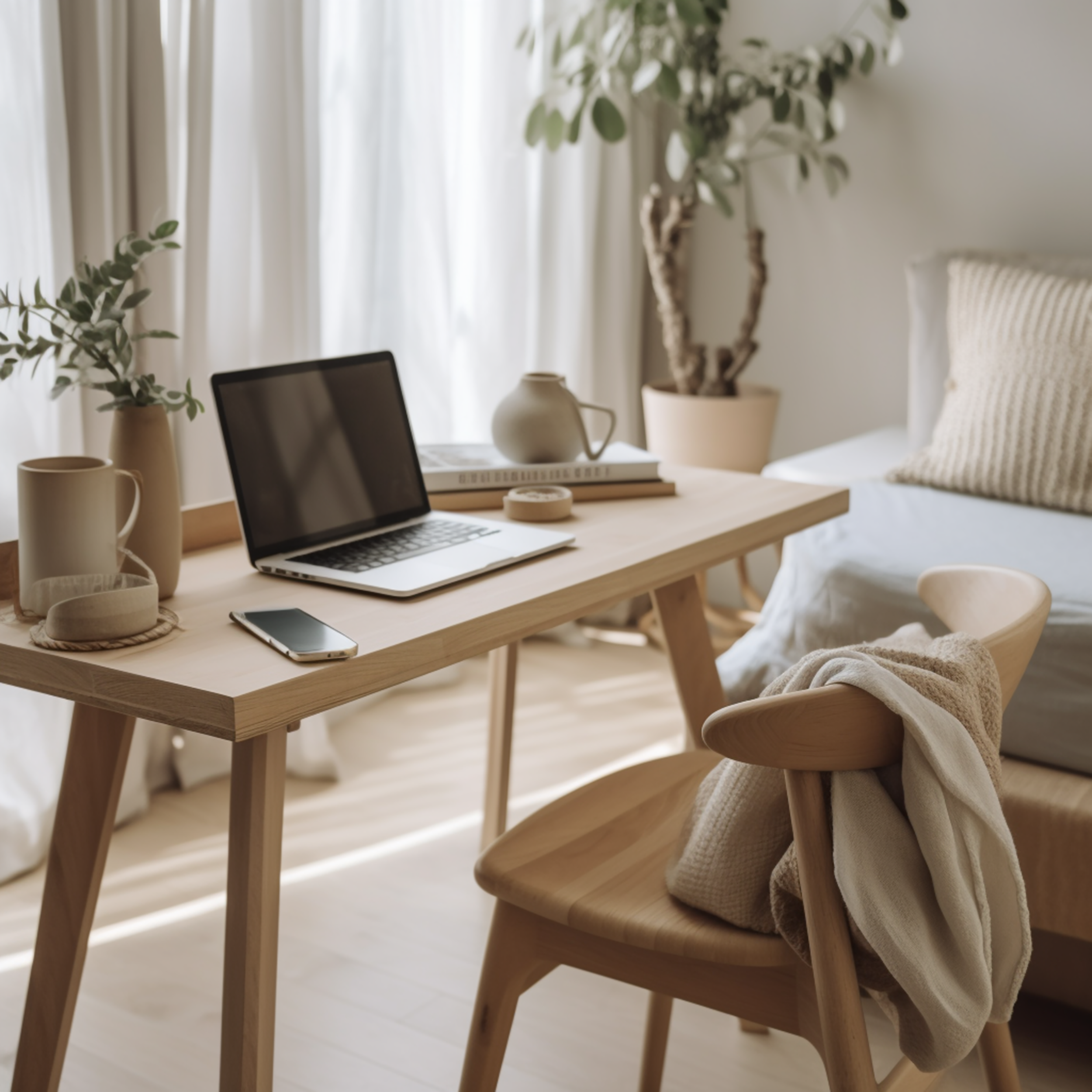 A minimalist workspace with a wooden desk, open laptop, phone, ceramic cups, and a plant, near a bed with a pillow, in a bright room with natural light.