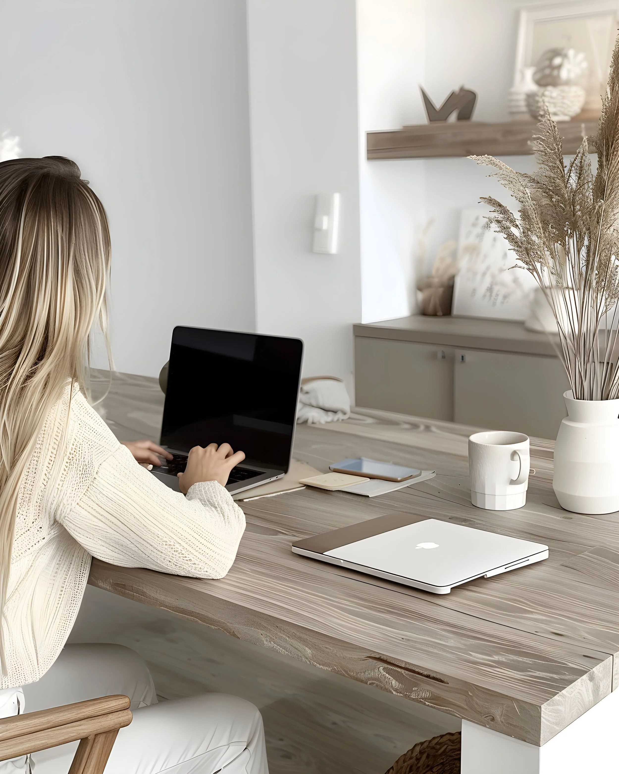 Woman with long blonde hair sitting at a wooden dining table using a laptop, with another closed laptop, a cup, and a vase with dried plants on the table, in a modern and minimalistic room.