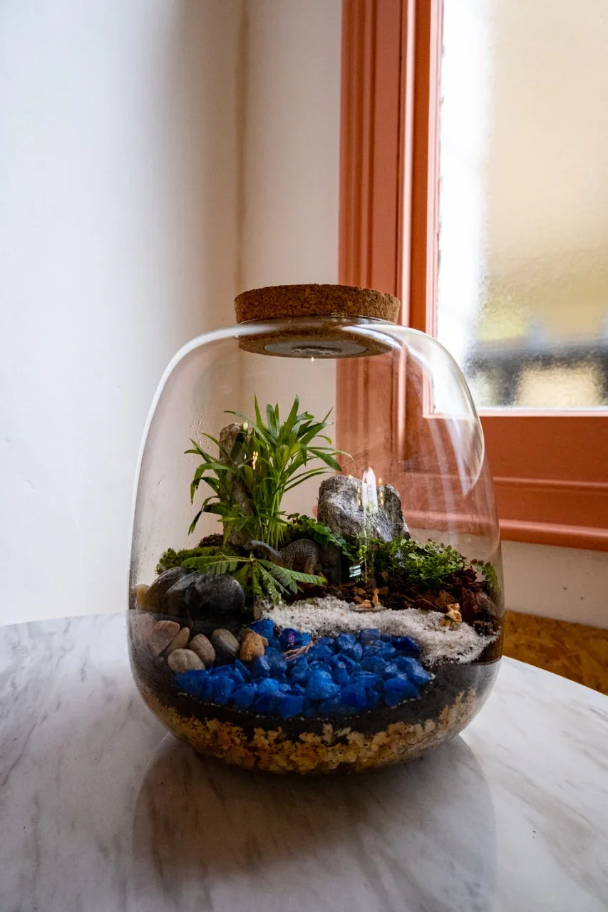 Miniature indoor terrarium with plants, rocks, and decorative items inside a glass container on a marble surface.