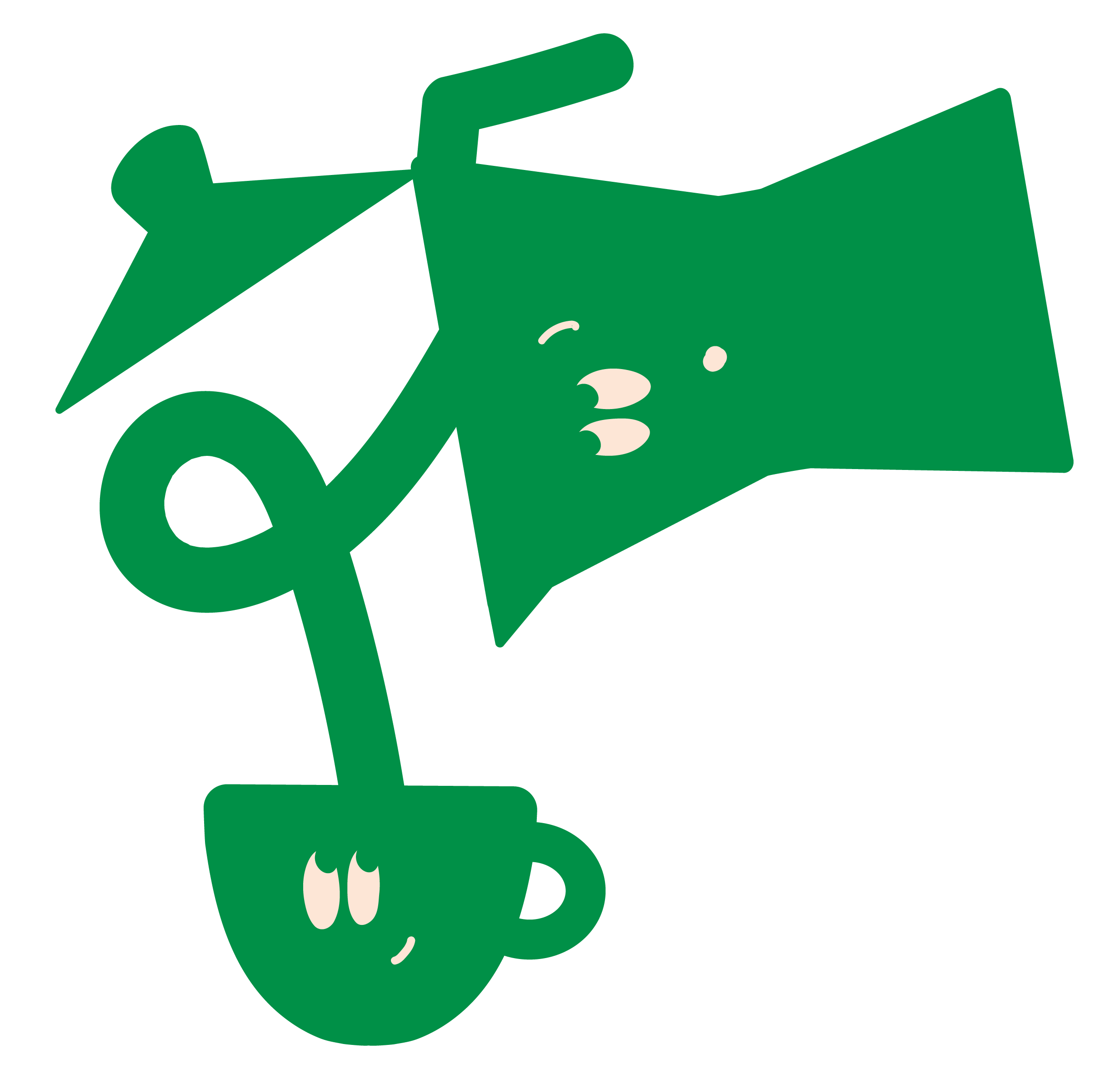 A cartoon illustration of a green teapot pouring tea into a matching green teacup, both with smiling faces.