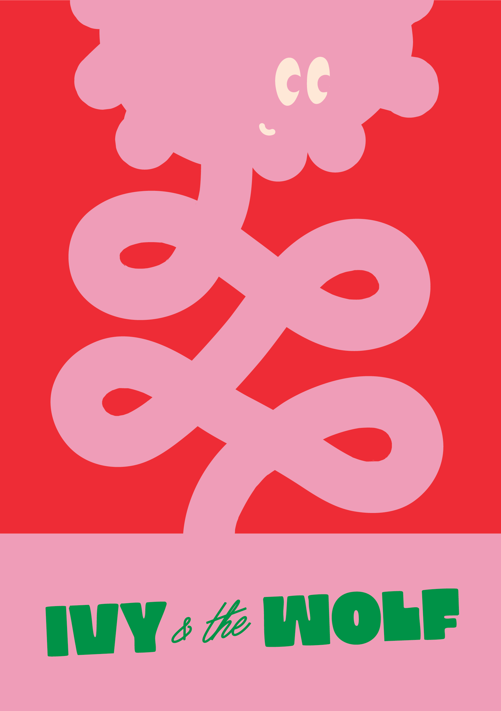 Pink stylized flower with curved petal shapes on a red background. Text at the bottom reads 'IVY & the WOLF' in green and black font.