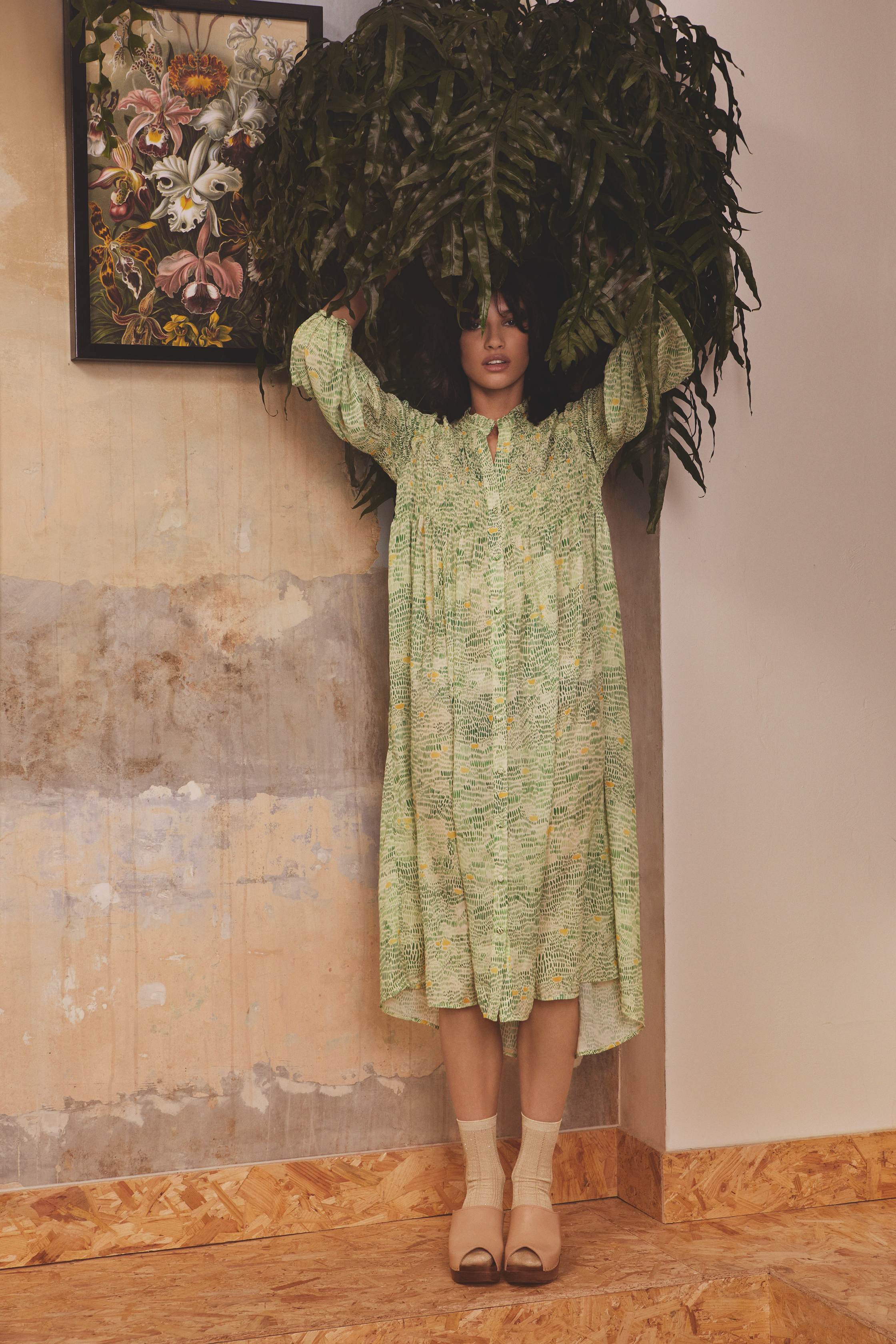 A woman standing indoors holding a large leafy plant above her head. She is wearing a long, light green patterned dress, beige socks, and beige platform shoes. There is a framed floral painting on the wall behind her, and the part of the wall she is 