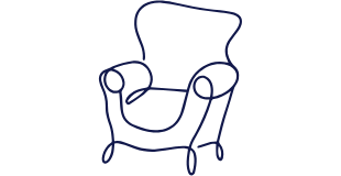 Outline drawing of a cozy armchair with curved arms and legs.