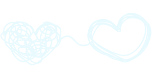 Two connected heart shapes, one made of scribbled lines and the other outlined, linked by a string.