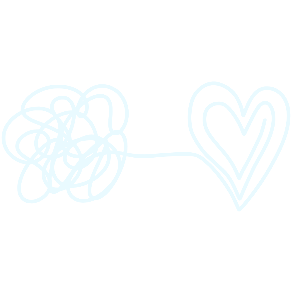A white neon line drawing of a tangled, messy ball connected to a clear heart outline on a black background.