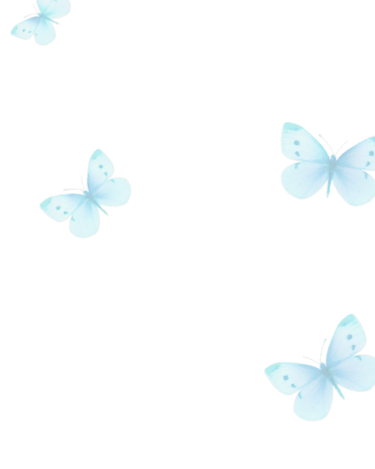 Four blue butterflies with black spots around the edges of their wings, flying around a transparent, horizontal, rectangular name tag on a black background.