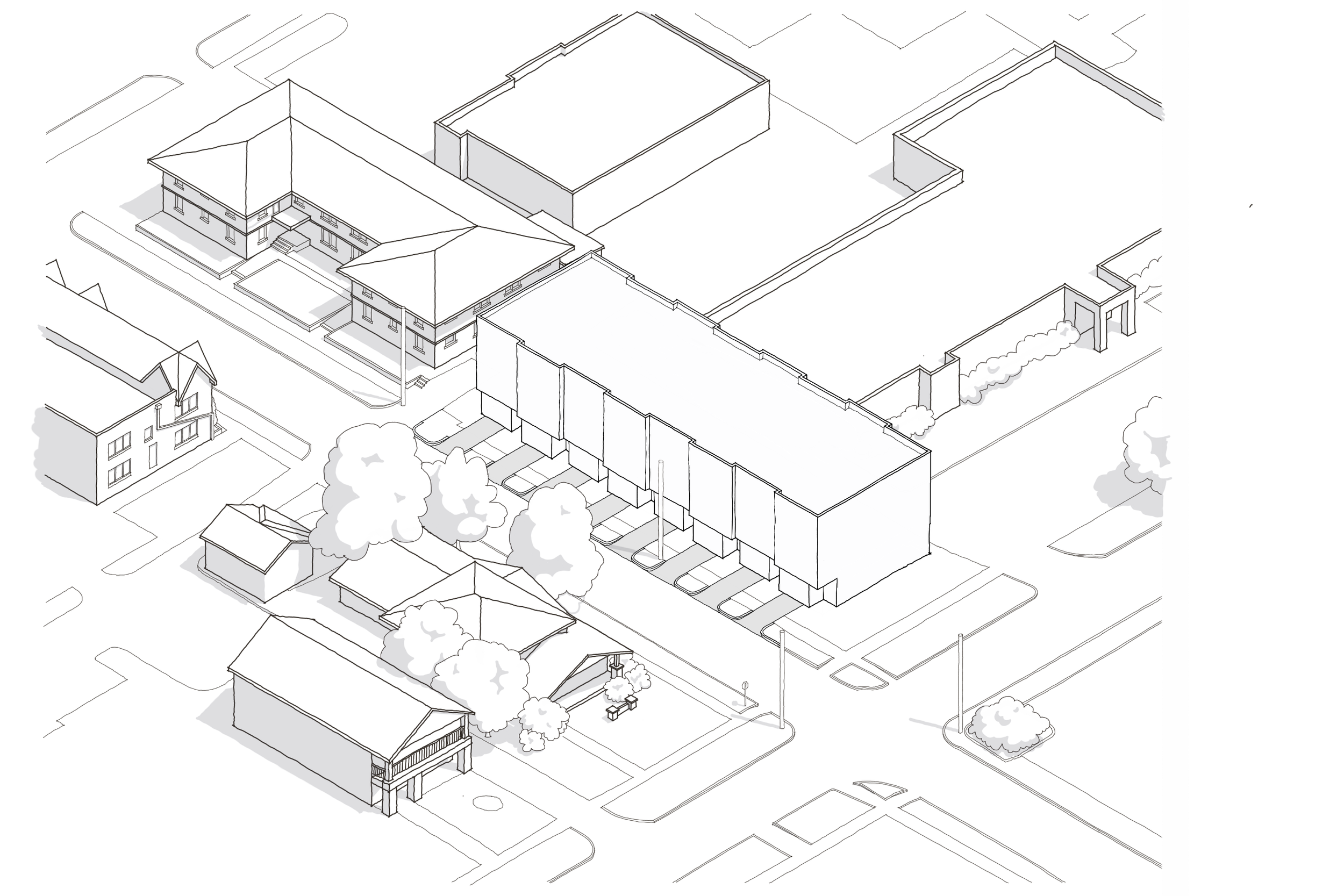 Line drawing of a complex urban campus featuring multiple buildings, parking lots, trees, sidewalks, and a basketball court.