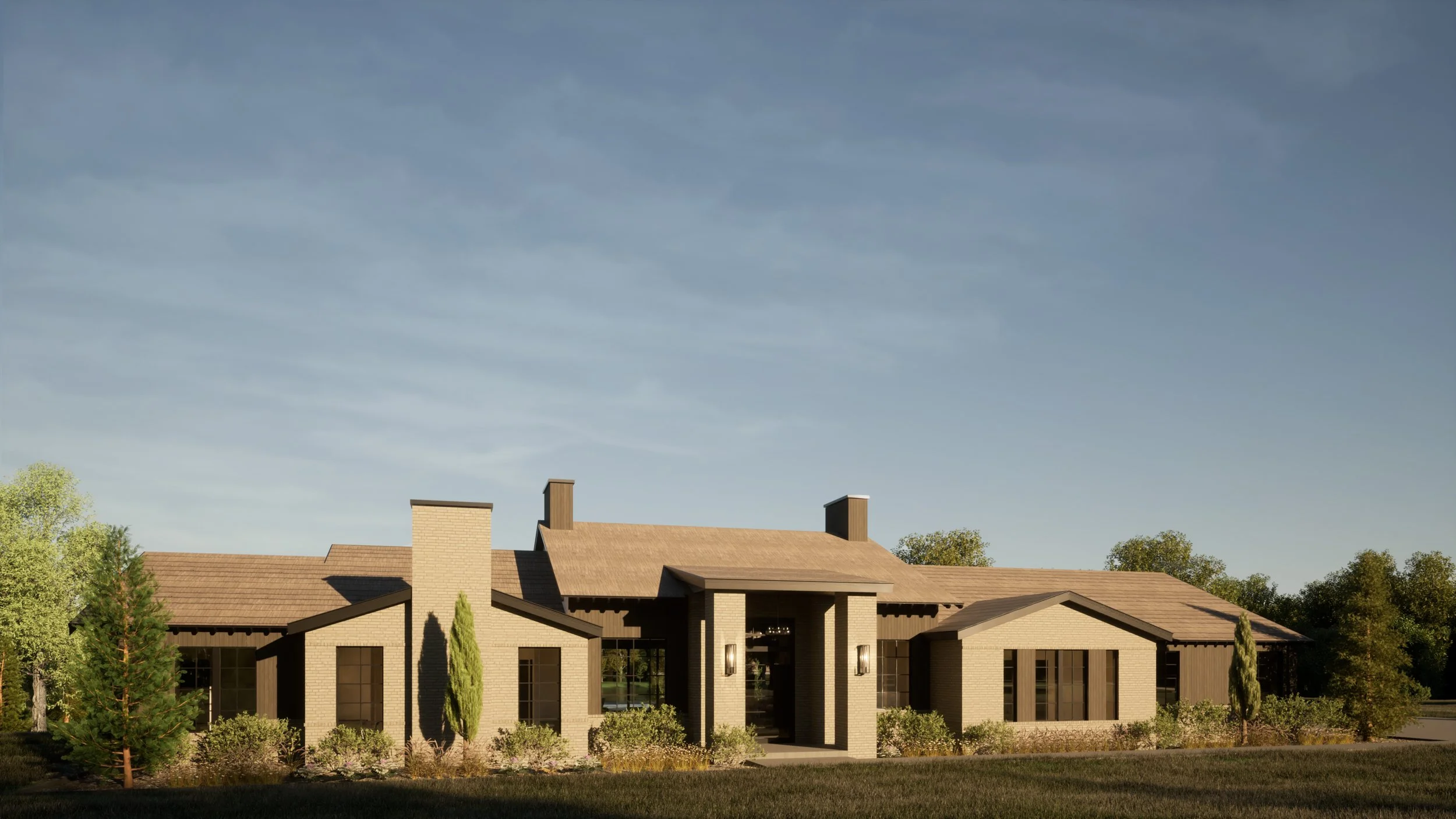 A modern, single-story house with a beige brick exterior, multiple chimneys, and a sloped roof, surrounded by landscaped trees and bushes under a partly cloudy sky.