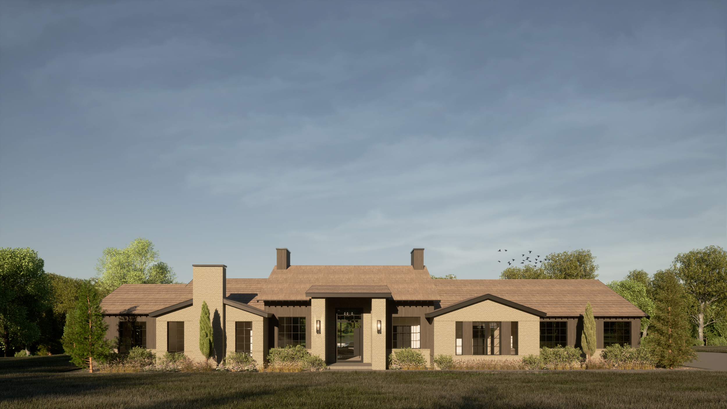 Front view of a modern, single-story house with a brick exterior, large windows, and a central entrance, surrounded by greenery and trees under a partly cloudy sky.