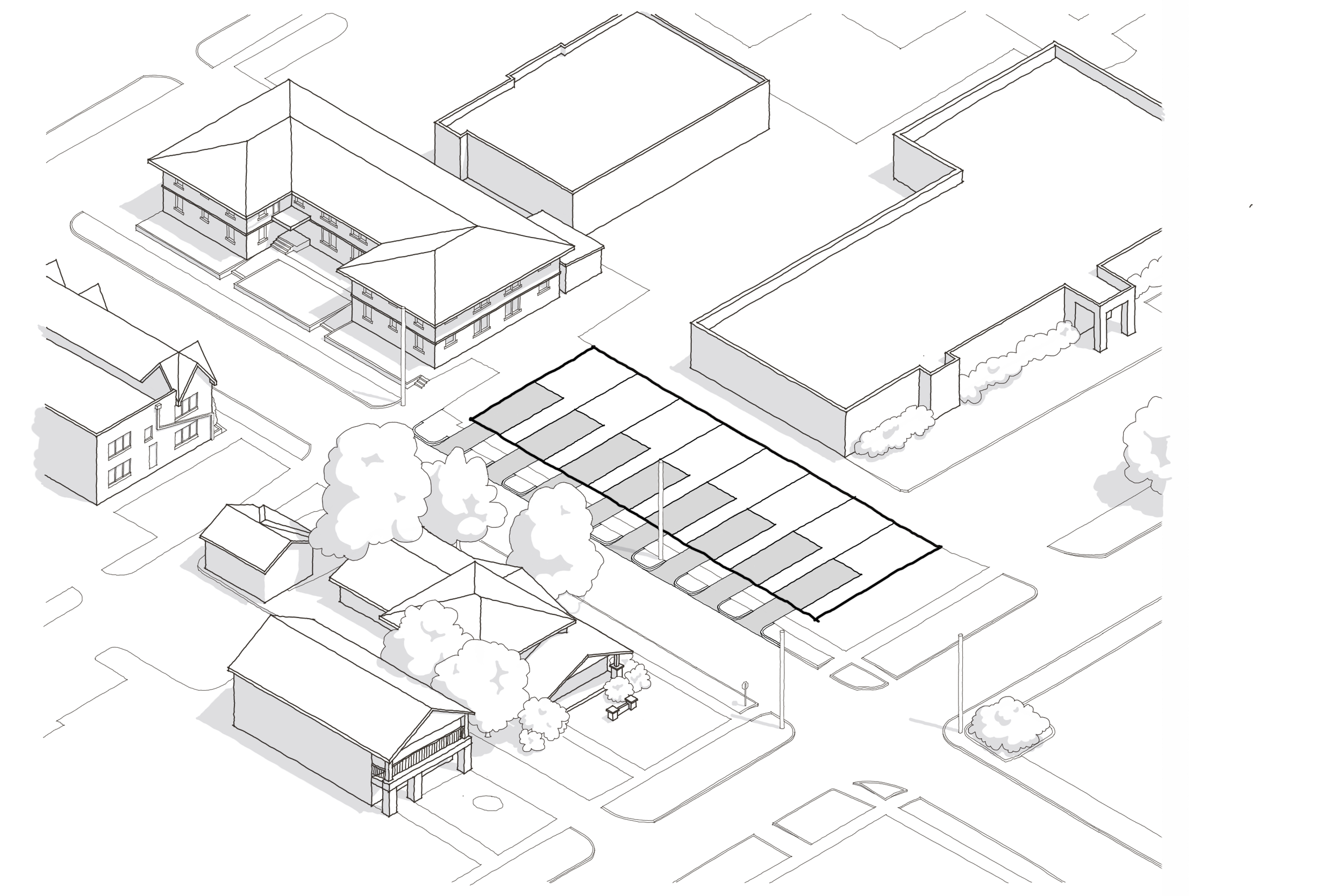 An isometric black-and-white illustration of a residential neighborhood with multiple buildings, trees, and a parking lot with cars marked in shaded areas.