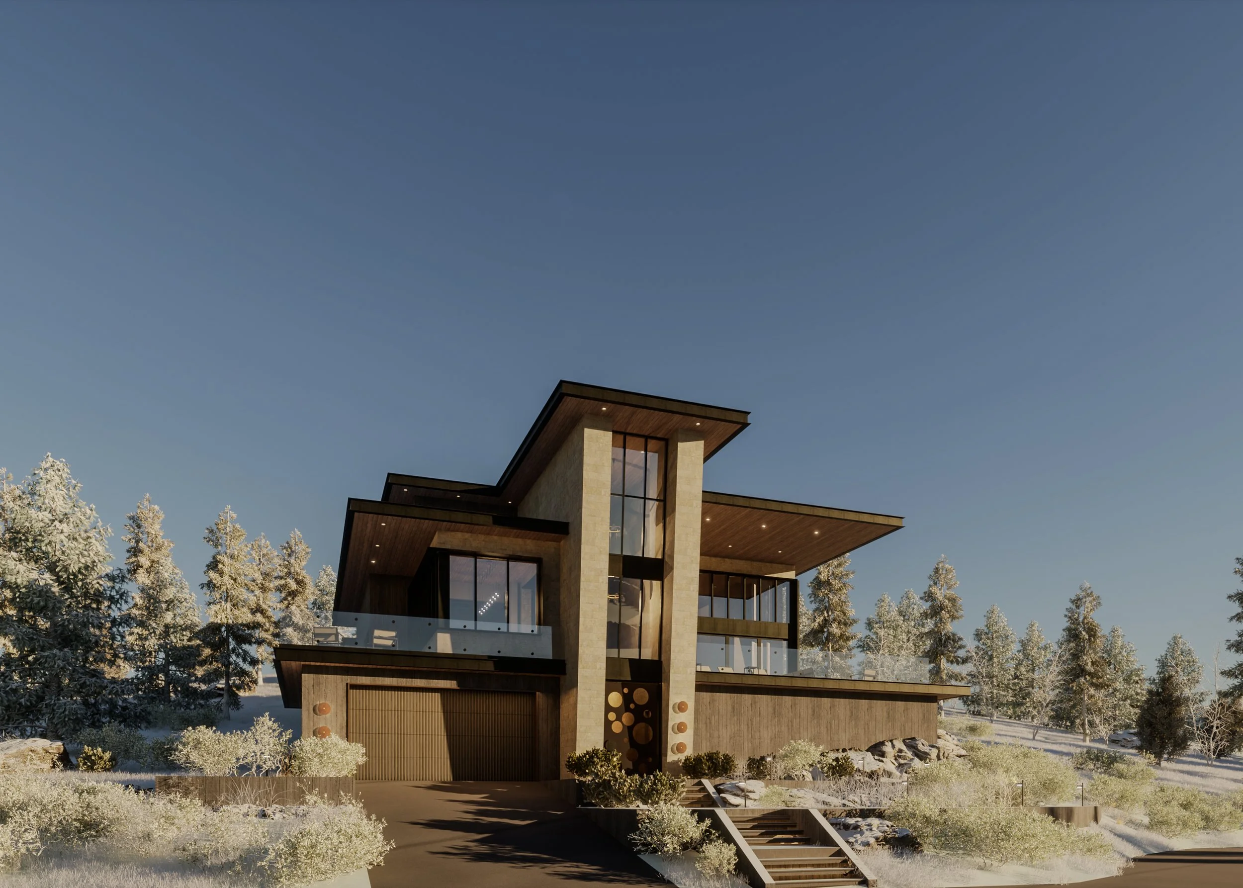 Modern multi-story house with large glass windows, set among snow-covered trees and shrubs, under a clear blue sky.