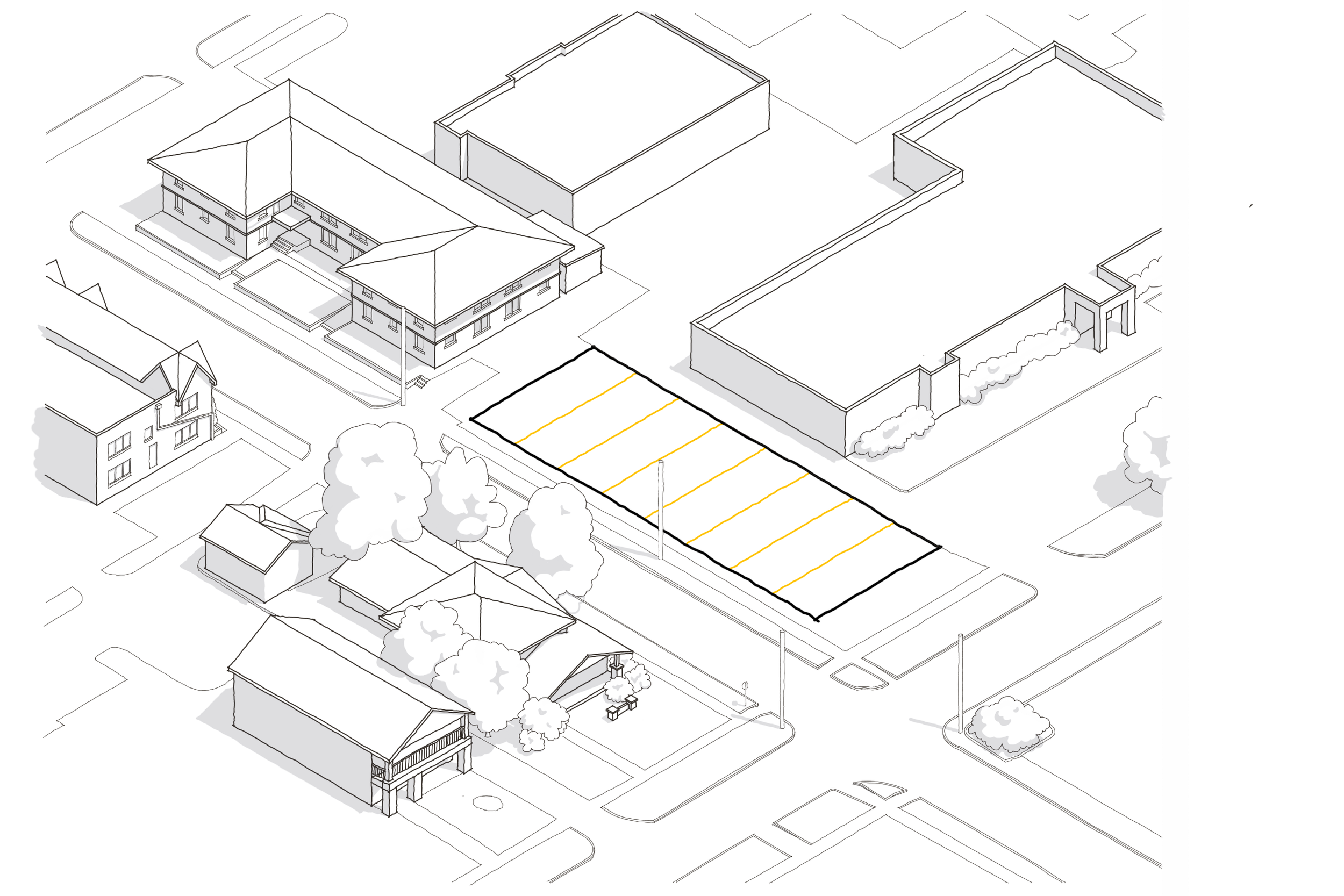 A black and white aerial view of a neighborhood with several houses, trees, streets, and a parking lot, with an outlined empty lot in the center.