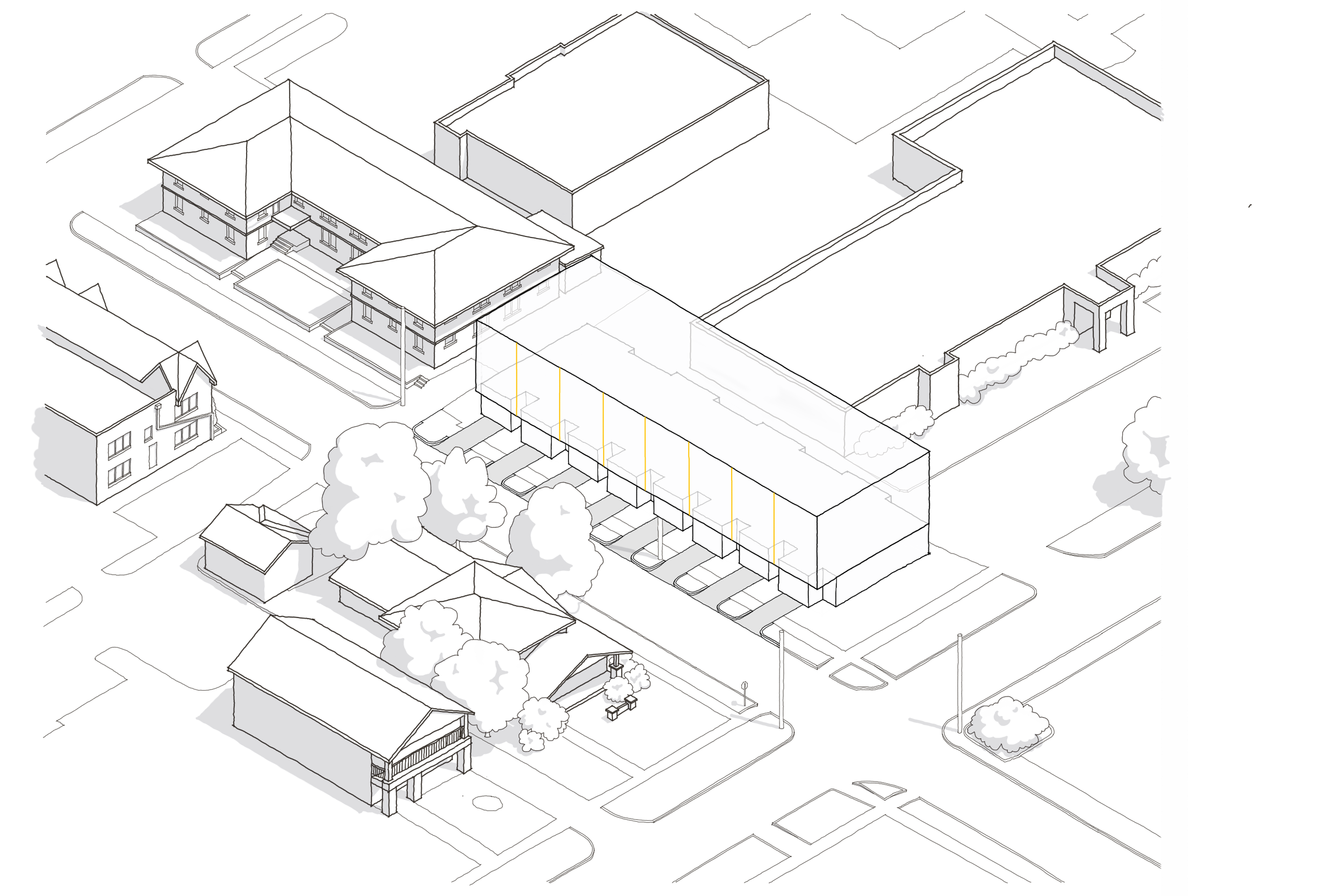 Architectural drawing of a multi-unit residential building with parking spaces, surrounding houses, trees, and streets in an isometric view.