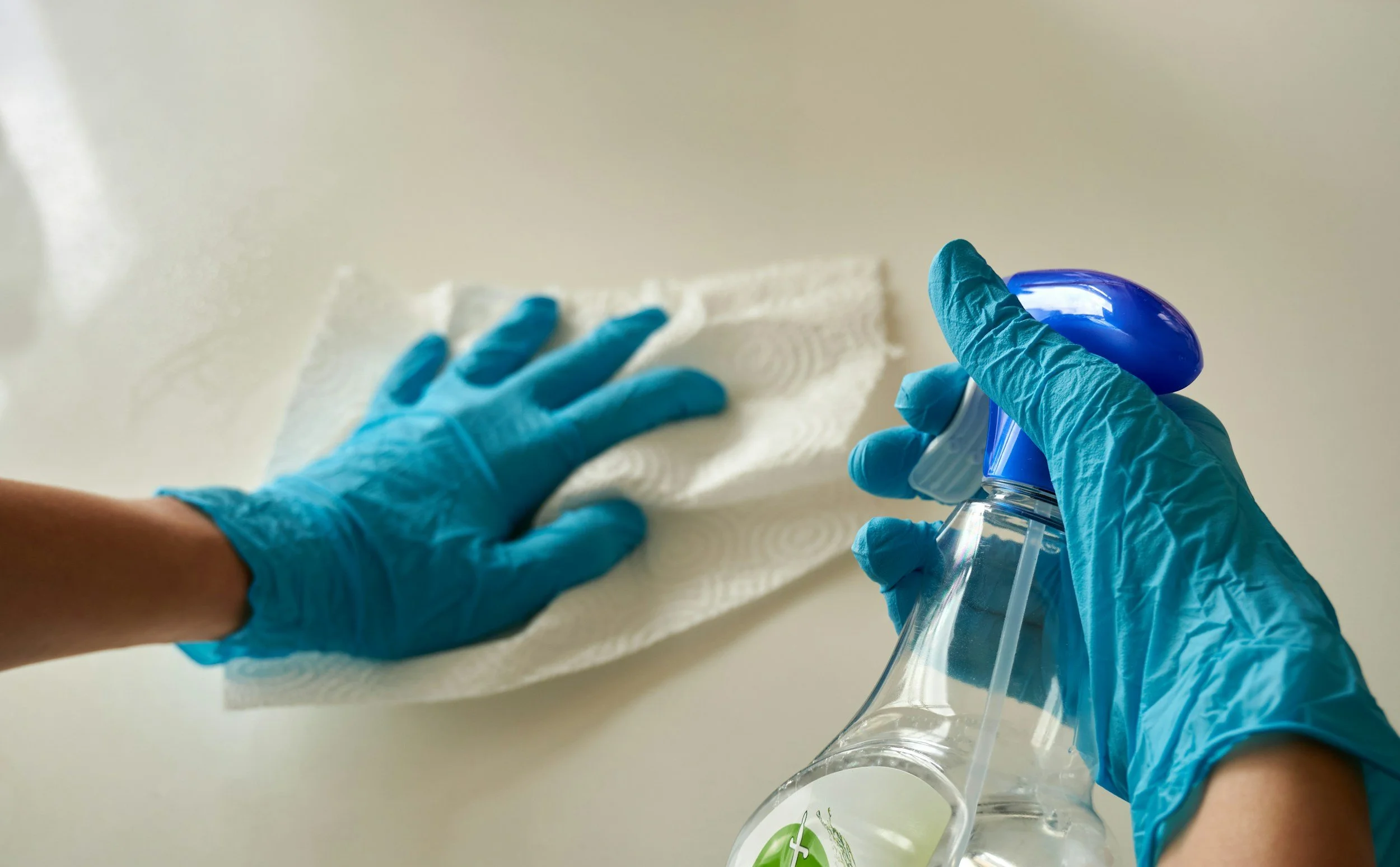 Person cleaning a surface with a paper towel and wearing blue gloves, holding a spray bottle of cleaning solution.