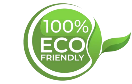 A green and gray circular logo with the text '100% Eco Friendly' and a leaf extending from the right side.