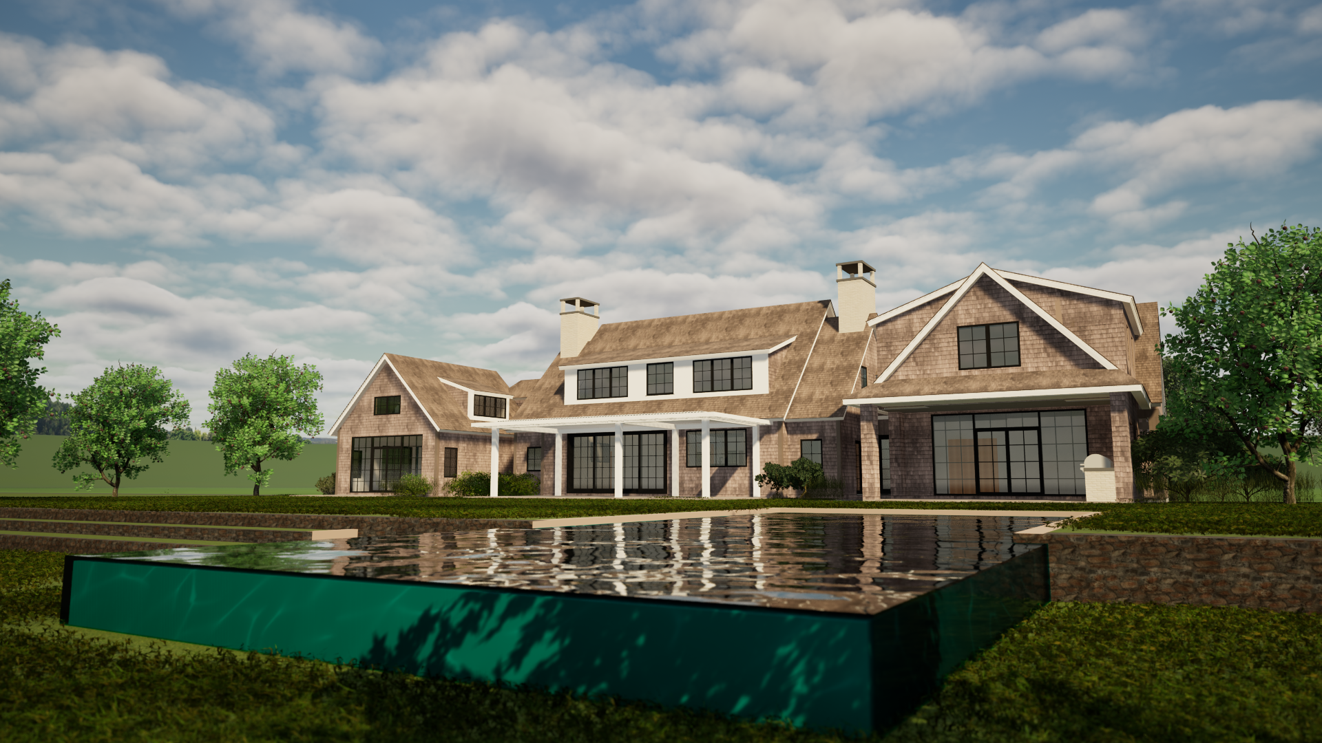 A large house with a pond in the foreground, surrounded by trees and a cloudy sky.