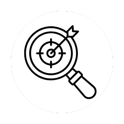 Magnifying glass focusing on a target with an arrow hitting the bullseye