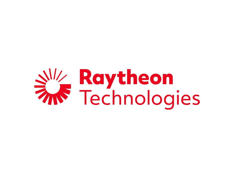 Raytheon Technologies logo with a red and gray emblem and bold red and red text