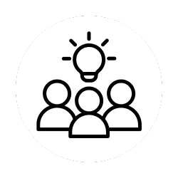 Icon of three people with a light bulb above them, symbolizing an idea or collaboration