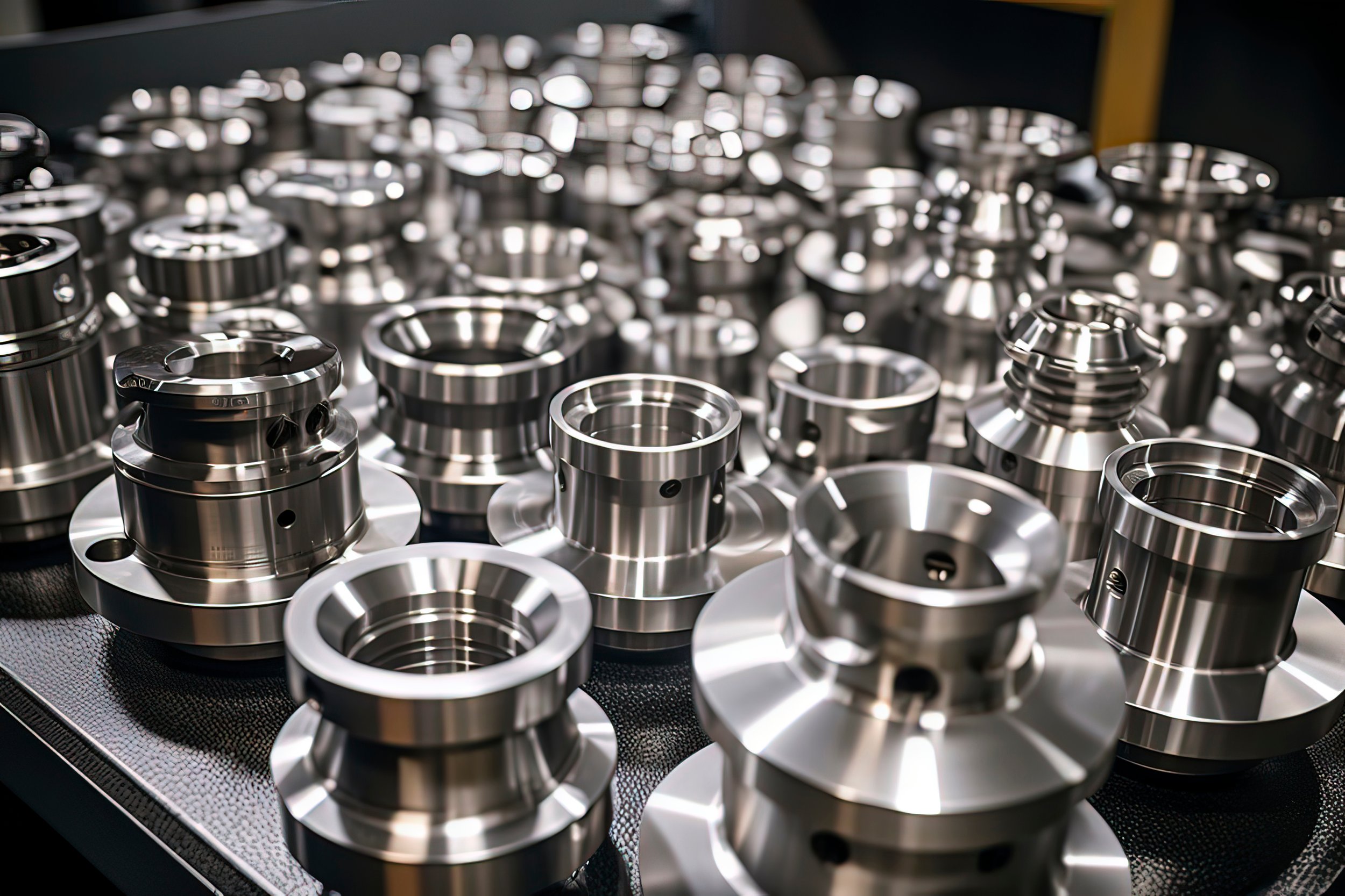 Multiple shiny metal machine parts on a textured surface