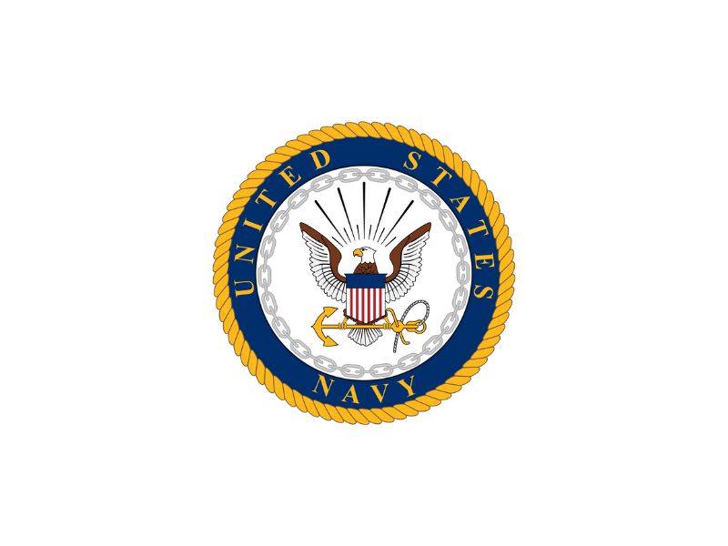 Official emblem of the United States Navy featuring an eagle, shield, anchor, and chain, surrounded by a rope border with blue and gold accents.