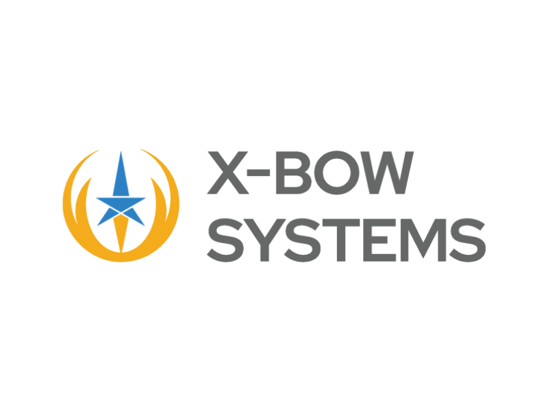 Logo for X-Bow Systems featuring a blue and yellow emblem with a star and arrow, alongside the company name in gray text.