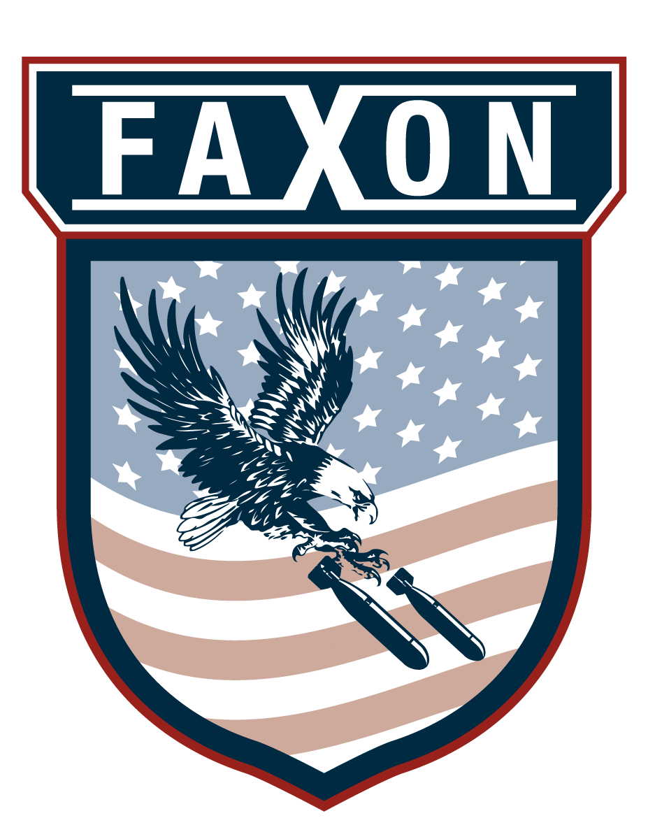 A shield-shaped logo with the word 'FAXON' at the top, featuring an eagle clutching two pens in front of a stylized American flag with stars and stripes.