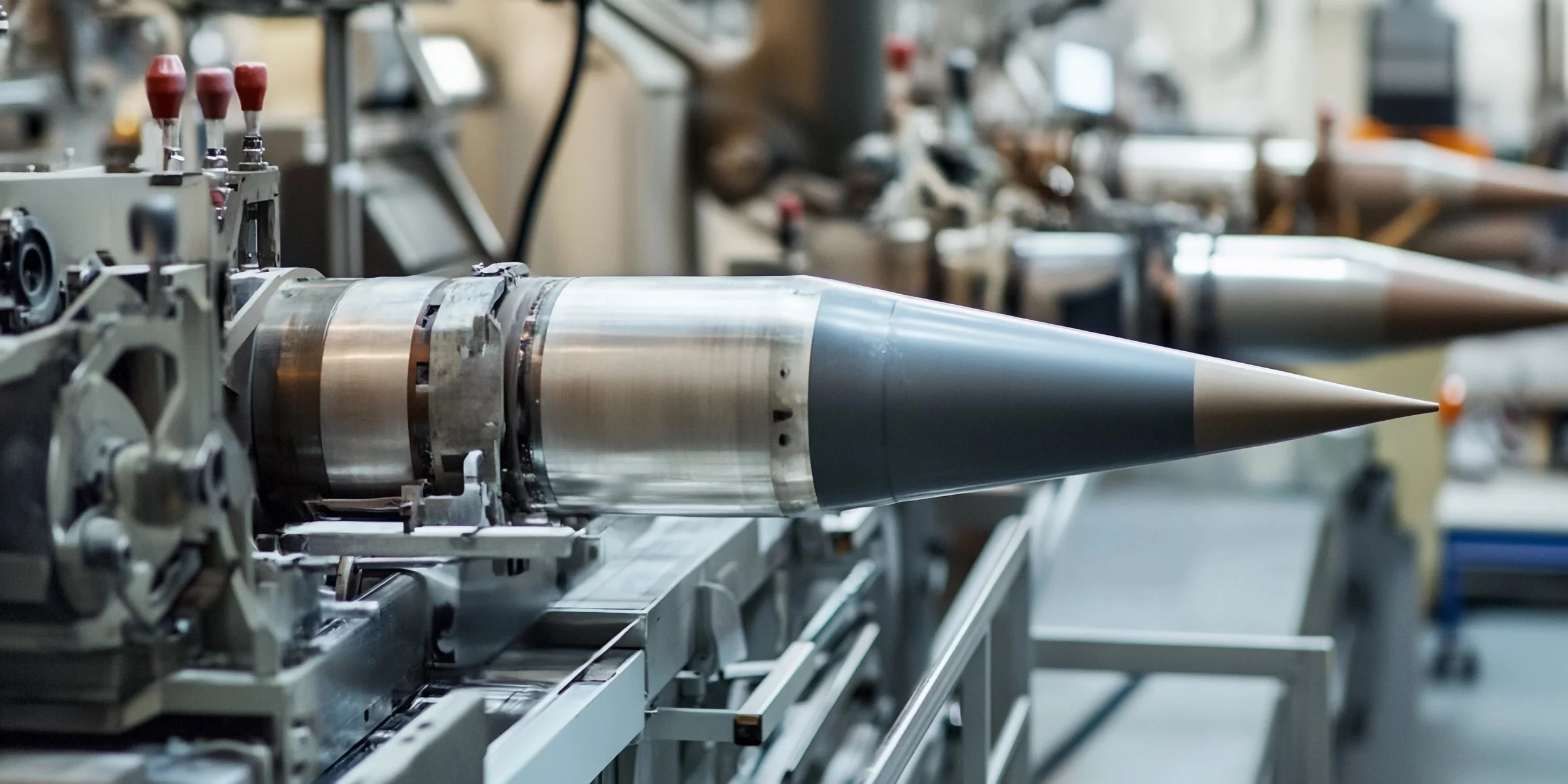 A close-up view of a missile or rocket with a metallic body and pointed nose cone, mounted on testing or manufacturing equipment in a high-tech laboratory or industrial setting.
