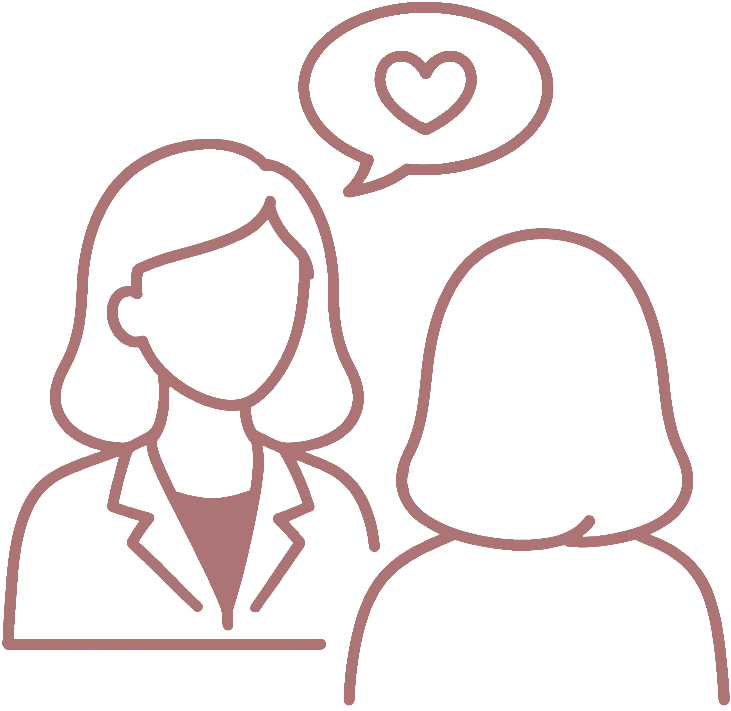 Line drawing of two women talking, one with shoulder-length hair and a blazer, the other with hair covering the shoulders, with a speech bubble containing a heart above them.