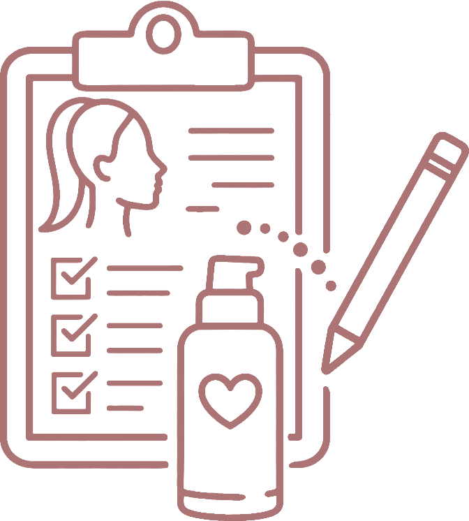 Outline illustration of a health and beauty checklist featuring a woman's profile, a bottle with a heart, and a pen.