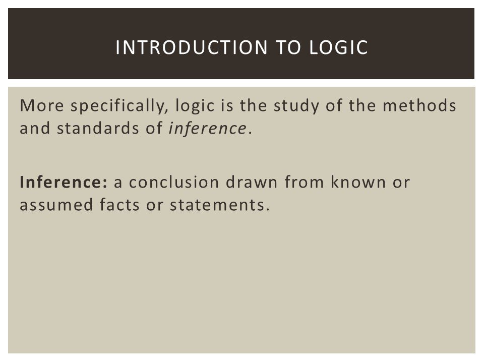 Slide titled "Introduction to Logic" explaining that logic is the study of methods and standards of inference, with a definition of inference as a conclusion drawn from known or assumed facts or statements.