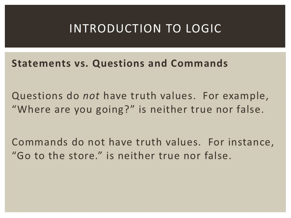 Slide titled 'Introduction to Logic' explaining that questions do not have truth values, using an example question 'Where are you going?' that is neither true nor false. It also states commands do not have truth values, with an example command 'Go to the store.' that is neither true nor false.