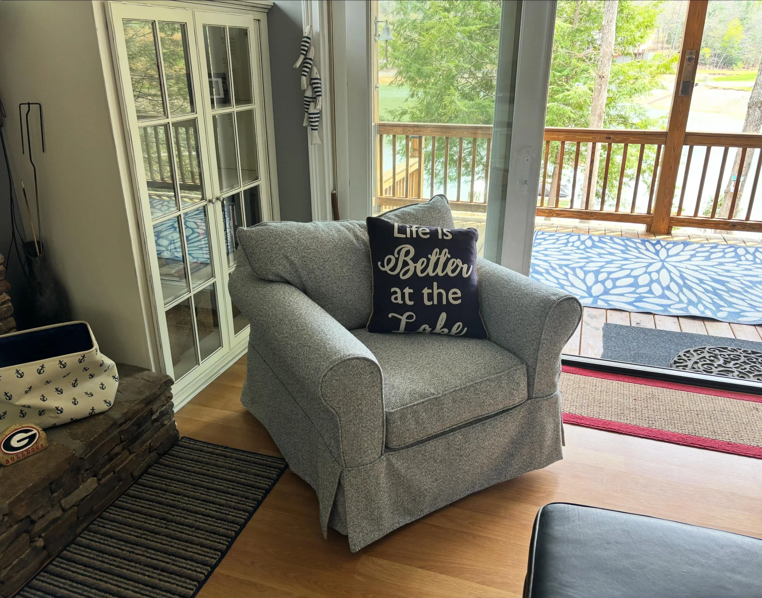 It&rsquo;s true- life is better at the lake, especially with a newly upholstered chair to enjoy the view! 🐟🎣#tristateupholsterywnc #lakechatuge #womanownedbusiness #upholsteryshop