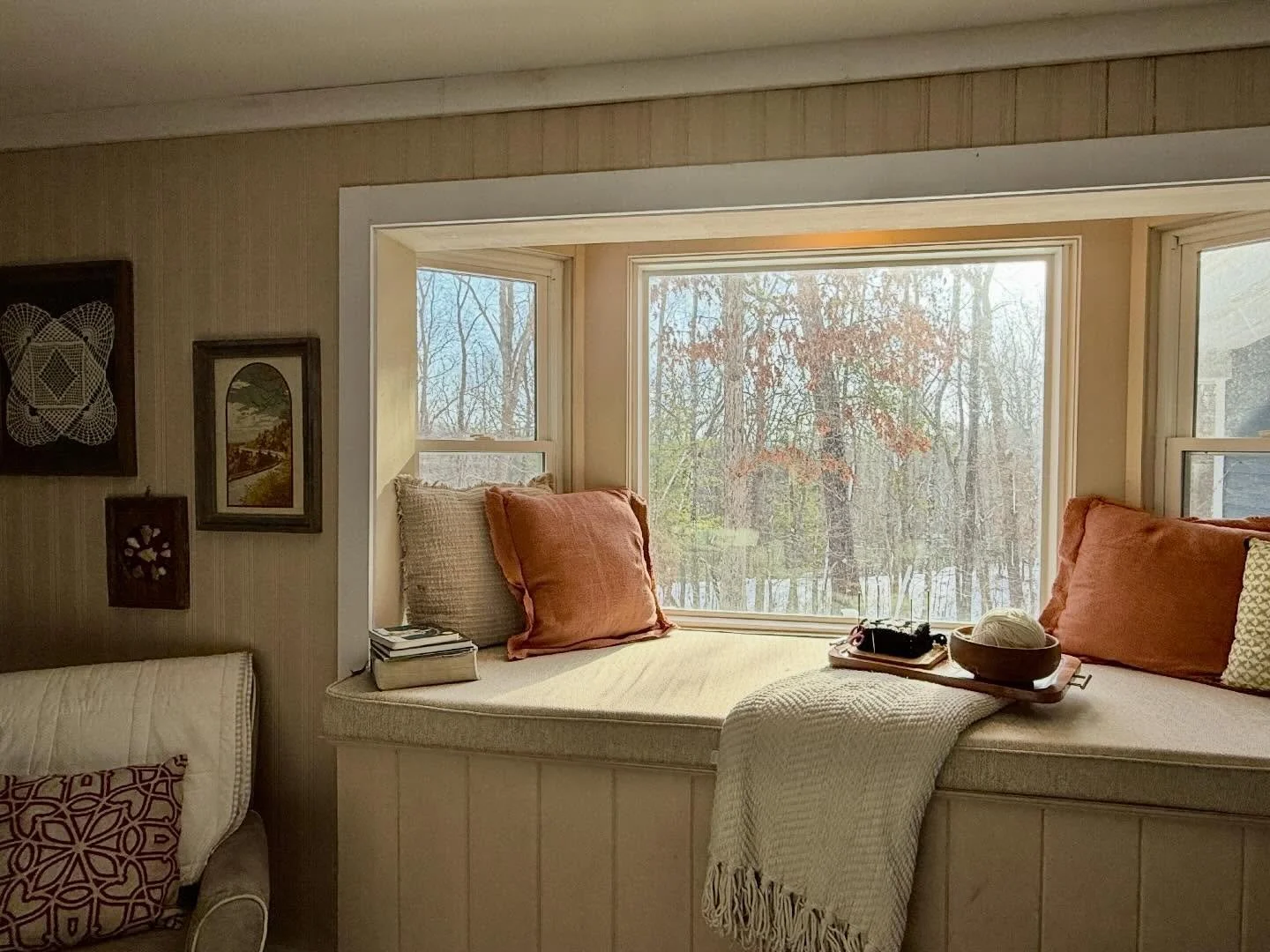Who wouldn&rsquo;t want to cozy up on this gorgeous window seat! Rain, shine or snow! - our custom cushion with soft, durable fabric made for a more cozy corner! #hayesvilleupholstery #upholsteryshop #womanownedbusiness #northgamountains #customized